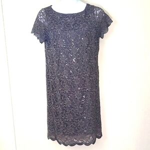 Tiana B Gray Lace Sequin Cocktail Dress XL Short Sleeve Midi Wedding Holiday